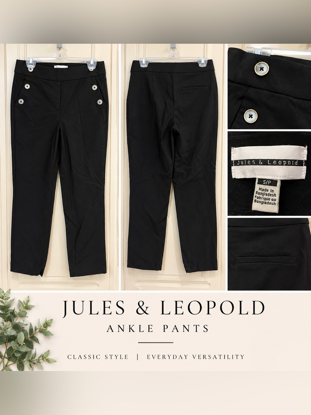 Jules & Leopold Black Cropped Ankle Pants with Side Buttons